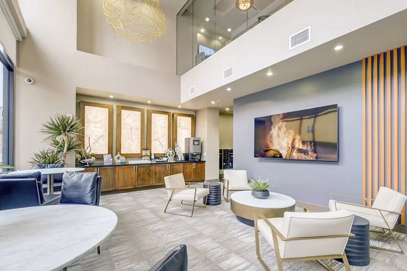 Spacious living room with modern furnishings at Alara Union Station Apartments