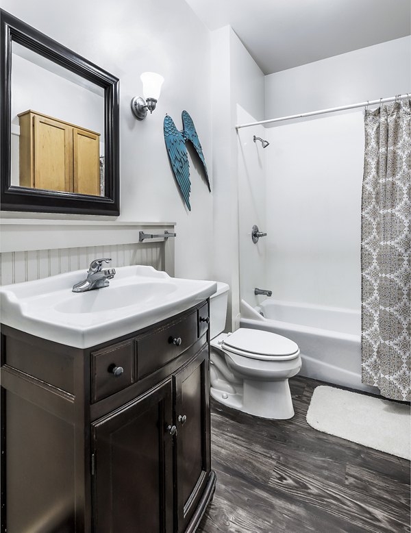 Bathroom featuring modern fixtures and elegant tilework at The Court at Dorel Apartments