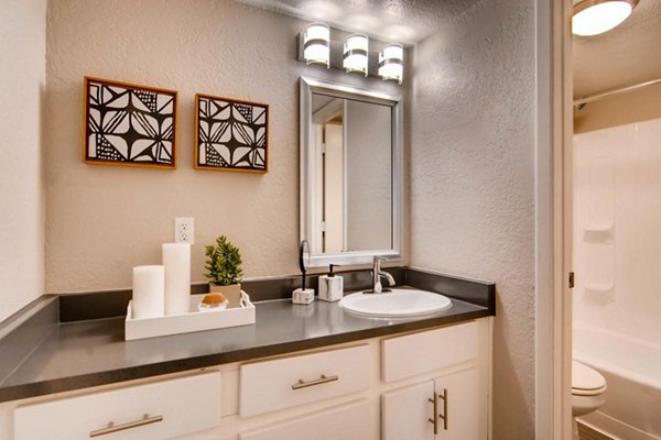 Modern bathroom with dual sinks and stylish fixtures in The Glen at Old Town Apartments