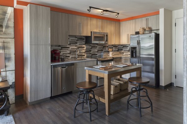 Modern kitchen featuring stainless steel appliances and granite countertops at Anthology Apartments in Greystar community