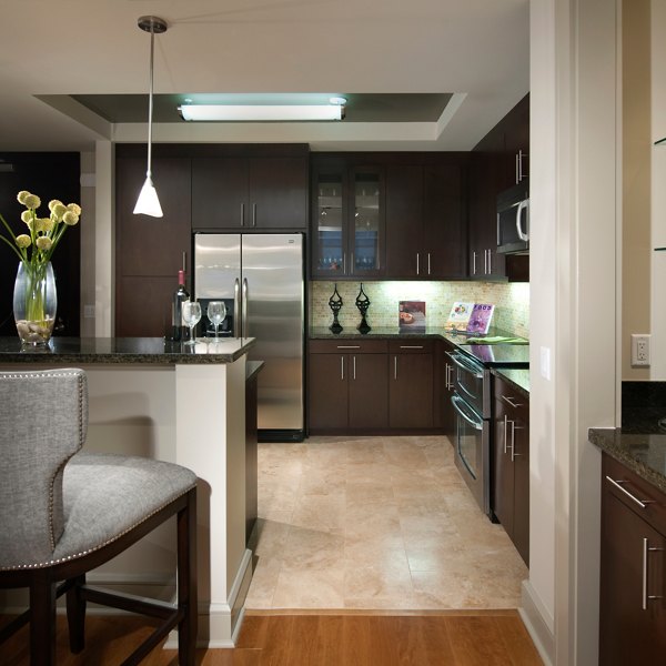Modern kitchen with stainless steel appliances at Ashton San Francisco Apartments