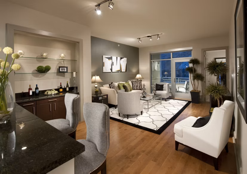 Elegant living room with contemporary furnishings at Ashton San Francisco Apartments, showcasing spacious design and natural light