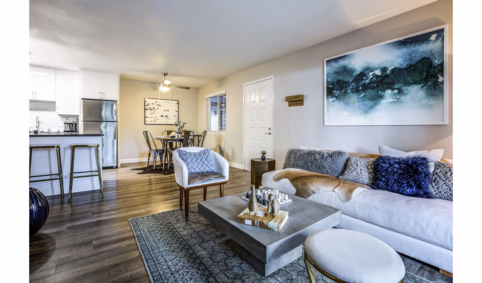 Spacious living room with modern decor at Avana Almaden Apartments luxury rental property