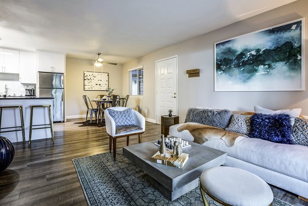 Spacious living room with modern decor at Avana Almaden Apartments luxury rental property