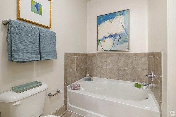 Luxury bathroom with modern fixtures at Pencil Factory Flats Apartments