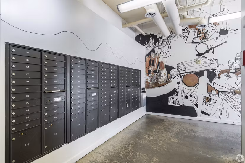 mail room at Pencil Factory Flats Apartments