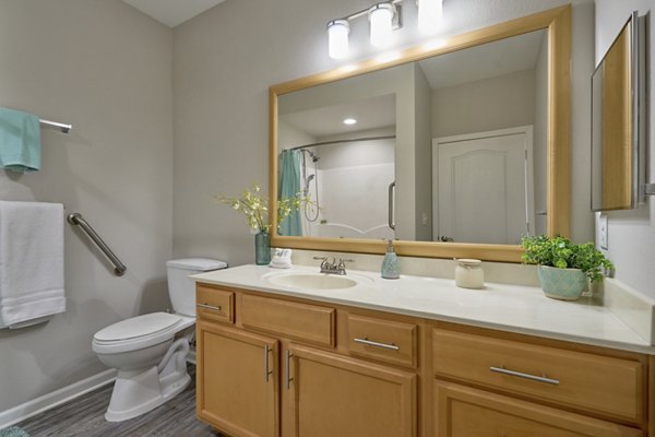 Bathroom with sleek fixtures and marble countertops at Arietta Apartments, luxury living by Greystar