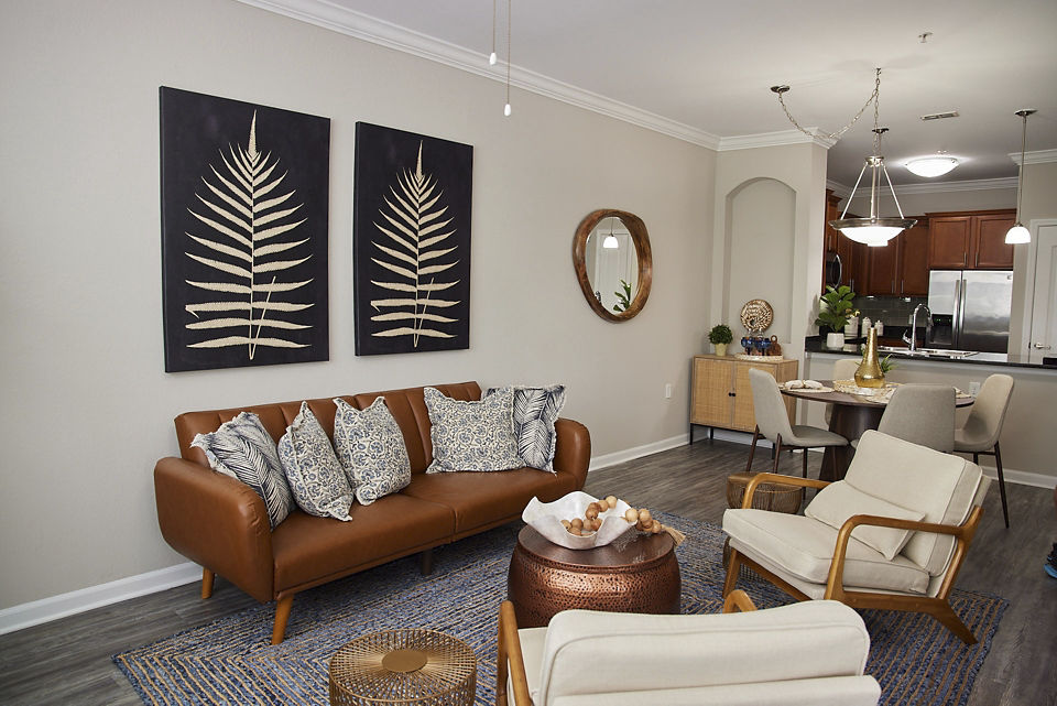 Spacious living room with contemporary furniture at Arietta Apartments, luxury Greystar property