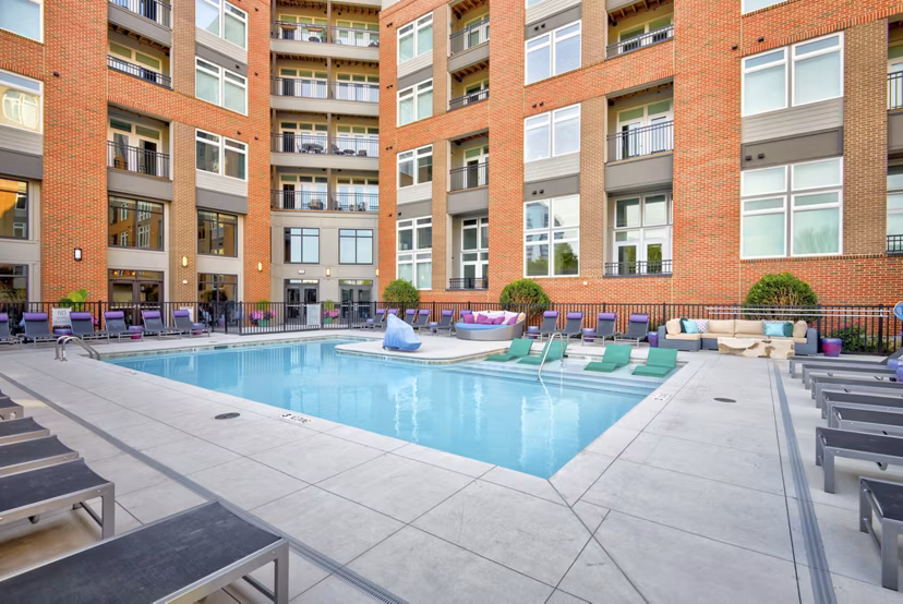 Rooftop pool offering scenic views at Liberty Warehouse Apartments