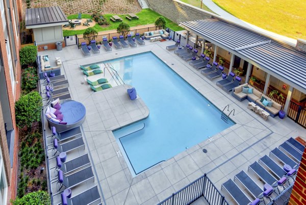 Rooftop pool with skyline views at Liberty Warehouse Apartments