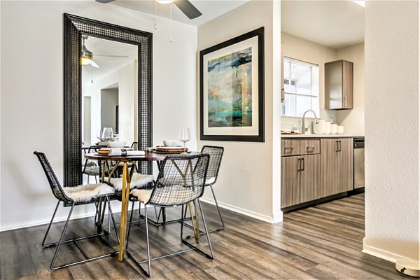 Dining area with modern decor and ample seating at Avana Stoneridge Apartments, part of Greystar's luxury apartment collection