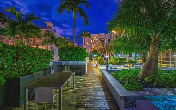 Courtyard featuring lush landscaping at South of Atlantic (SofA) Apartments