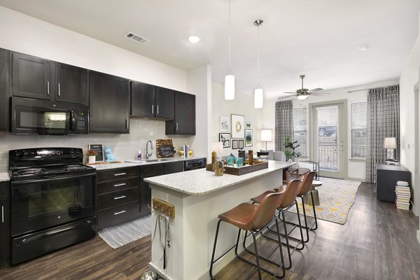 Modern kitchen with stainless steel appliances at Villas on the Hill Apartments