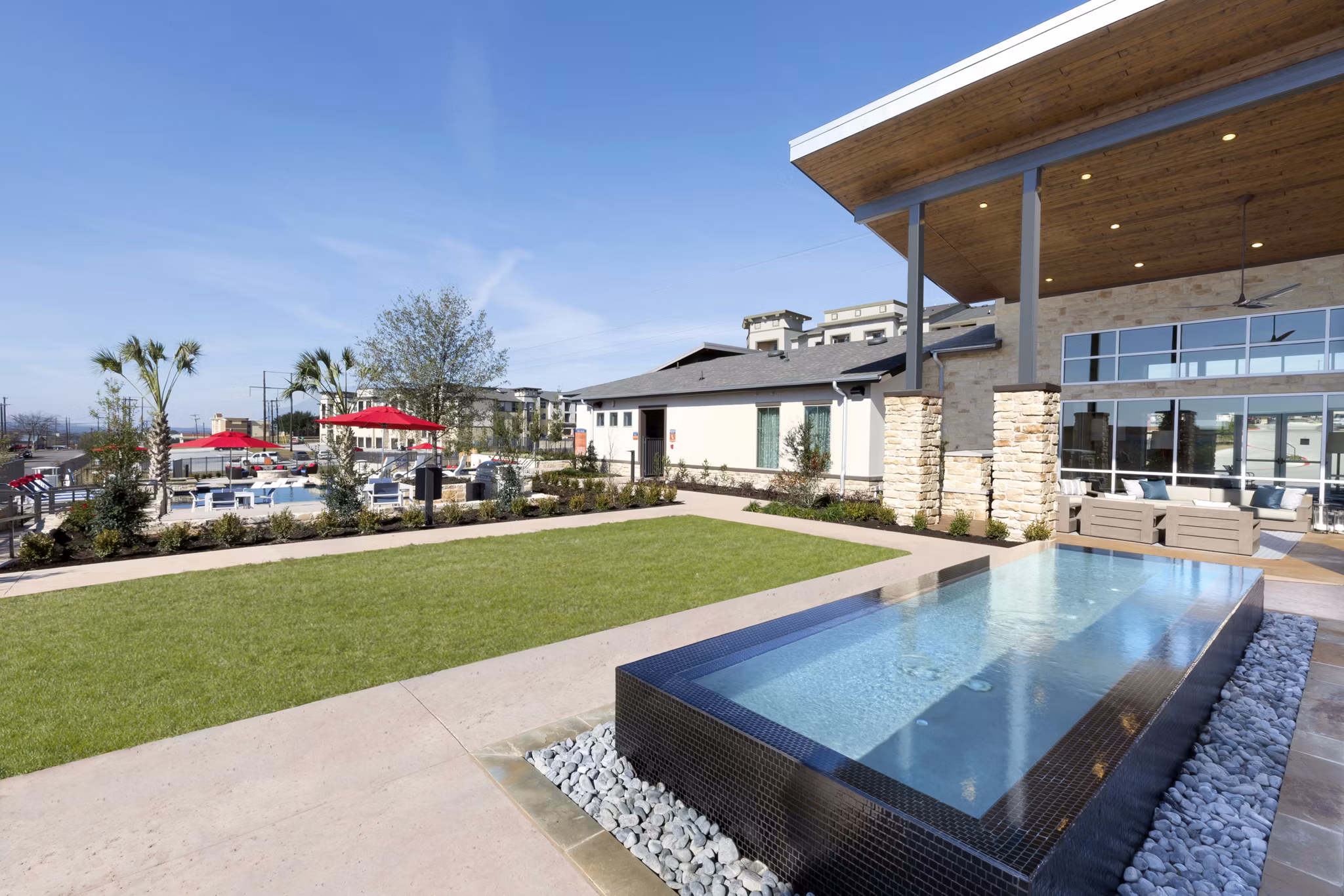 Cozy patio with modern furnishings at Villas on the Hill Apartments offering a serene outdoor space for relaxation