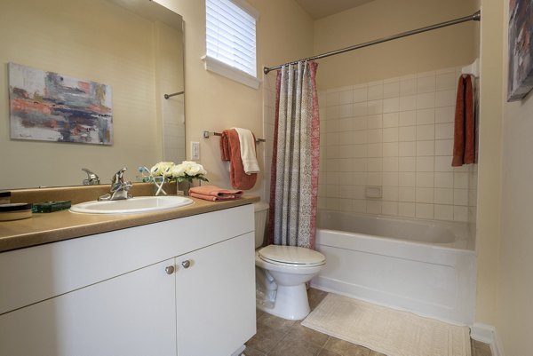 Modern bathroom with spacious vanity and tub in Windsor at Tryon Village Apartments, showcasing luxury apartment living
