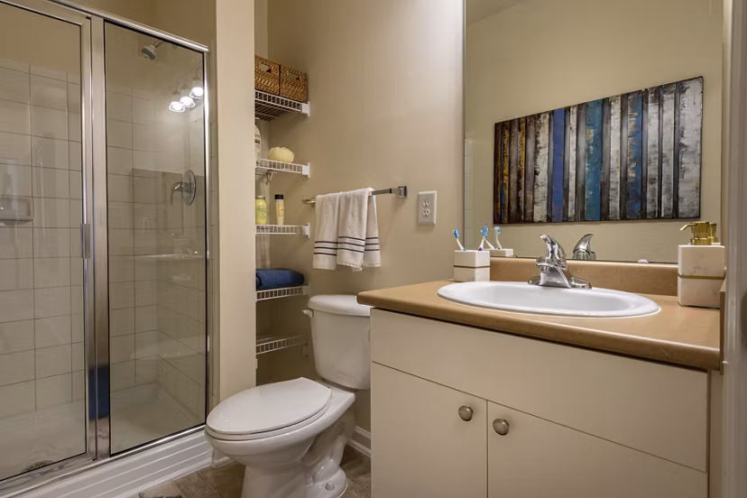 Bathroom with modern fixtures and granite counters in Windsor at Tryon Village Apartments, a Greystar luxury property