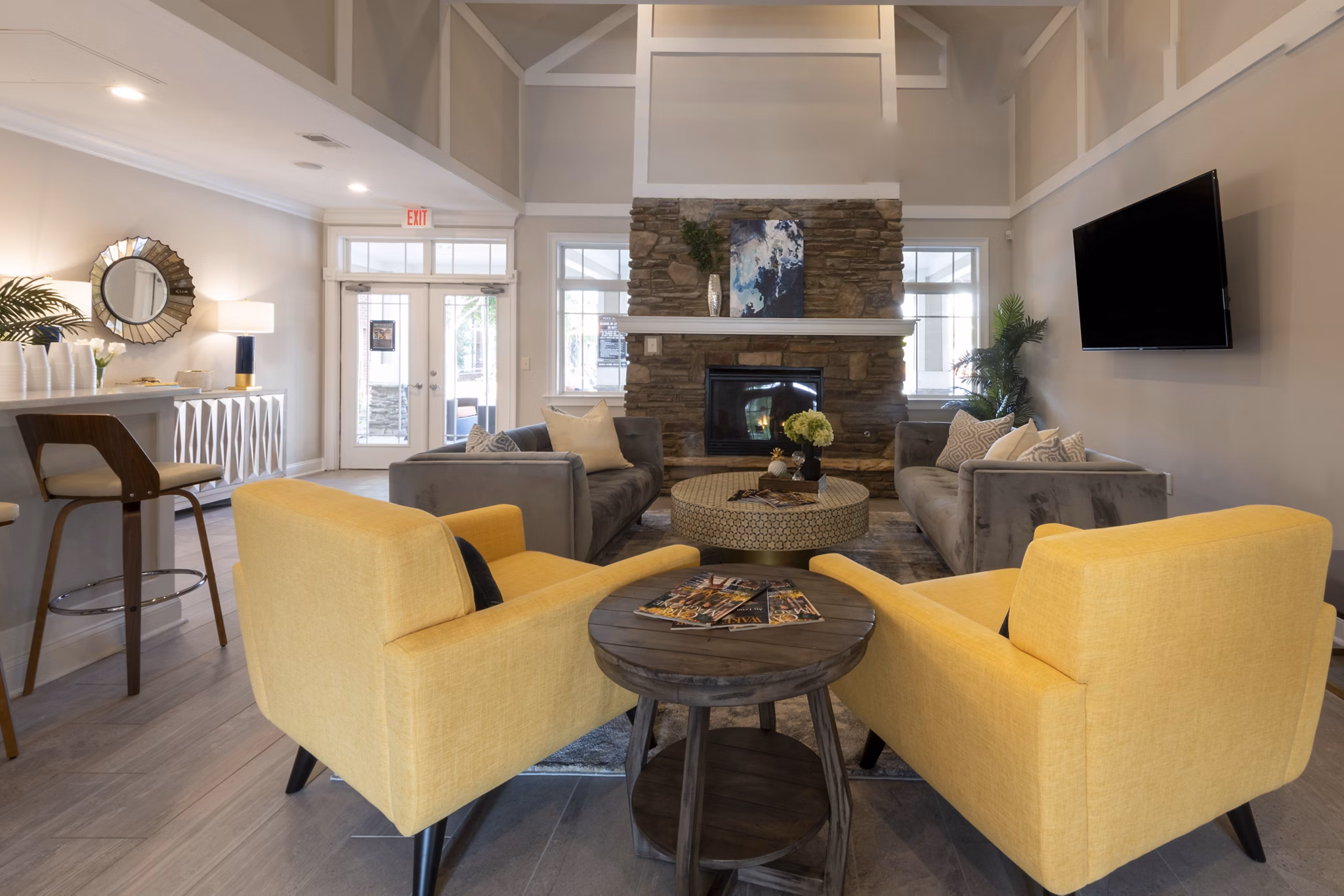 Clubhouse with modern design at Windsor at Tryon Village Apartments offering luxury amenities for residents