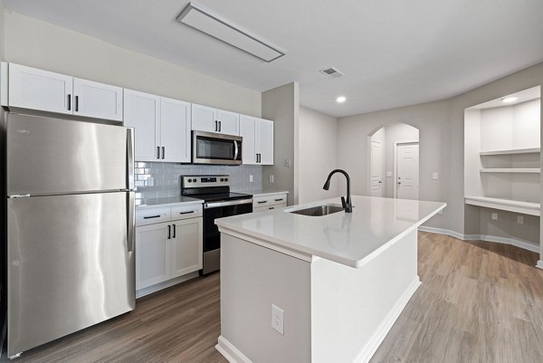 Contemporary kitchen featuring stainless steel appliances at Windsor at Tryon Village Apartments