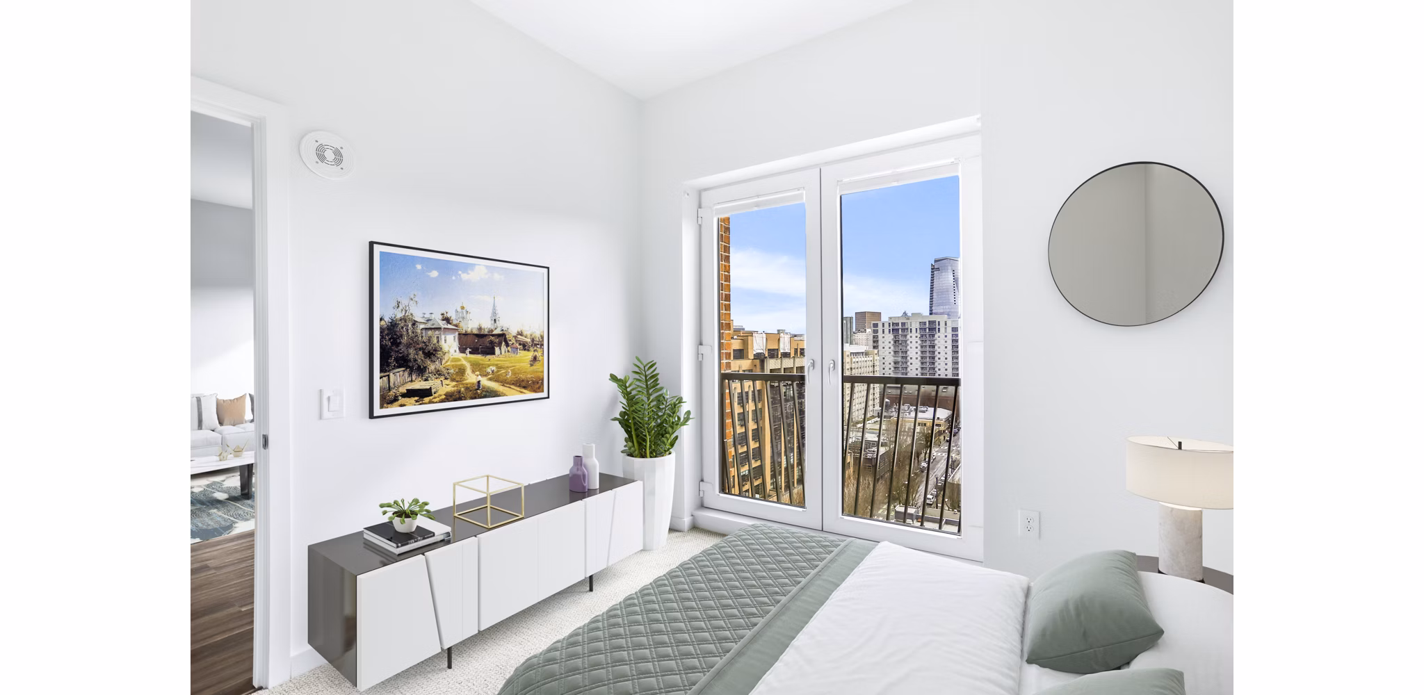 Spacious bedroom with modern decor at Dianne Apartments: Luxury living by Greystar