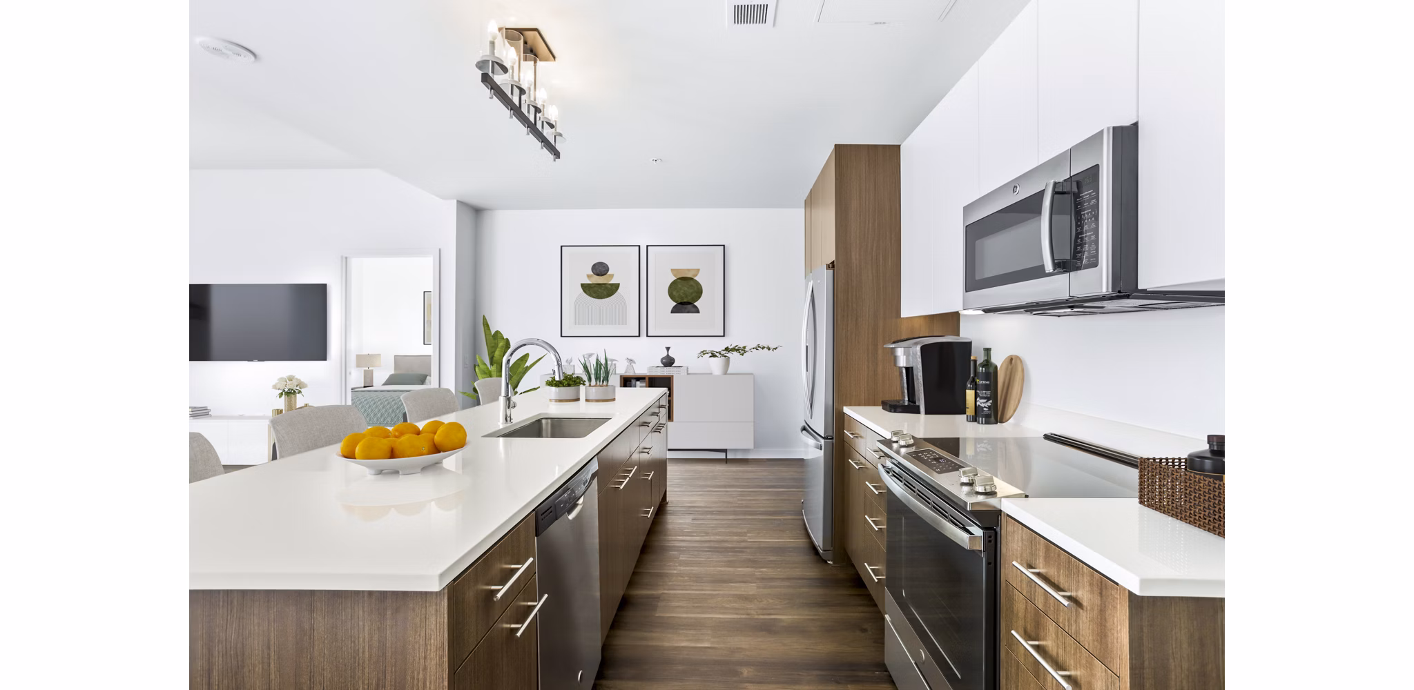 Modern kitchen featuring stainless steel appliances in Dianne Apartments, luxury living by Greystar