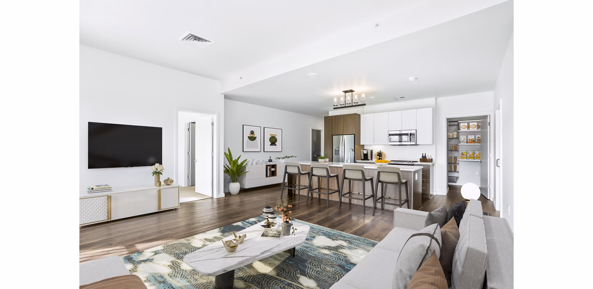 Modern living room with large windows and chic decor at Dianne Apartments, luxurious city living