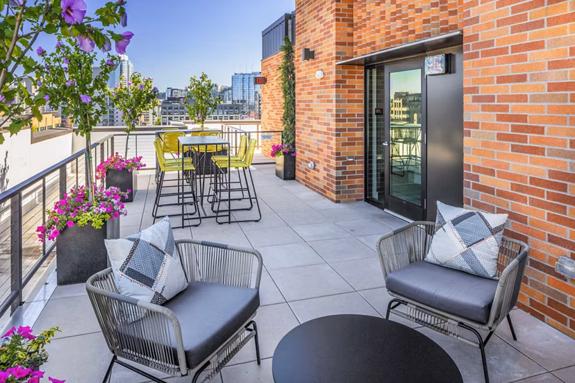 Outdoor patio with modern seating at Dianne Apartments, luxury living in downtown San Francisco