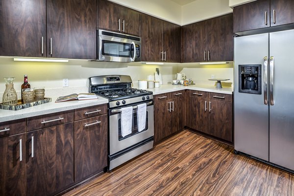 Modern kitchen with stainless steel appliances at Townhomes at Lost Canyon Apartments