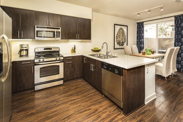 Modern kitchen with sleek countertops and stainless appliances in Townhomes at Lost Canyon Apartments