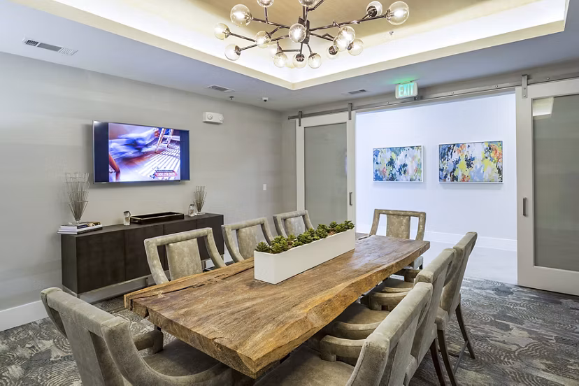 Meeting facility with modern design at Overture Sugar Land luxury apartments, offering versatile spaces for gatherings and events