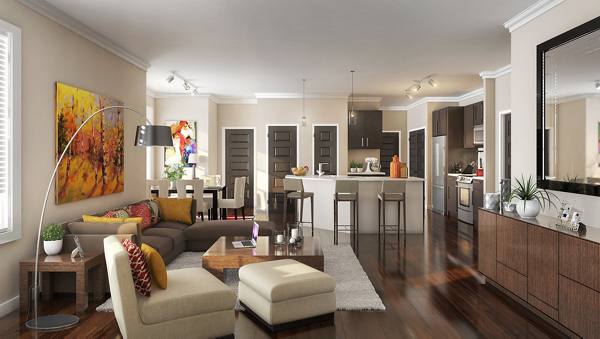 living room rendering at Overture Sugar Land Apartments