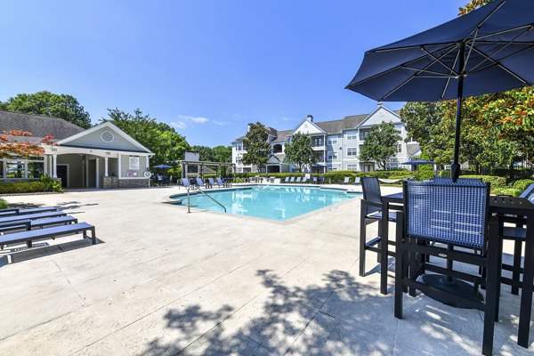 Resort-style pool with lounge chairs at Avana North Point Apartments, a luxury community offering relaxation and leisure