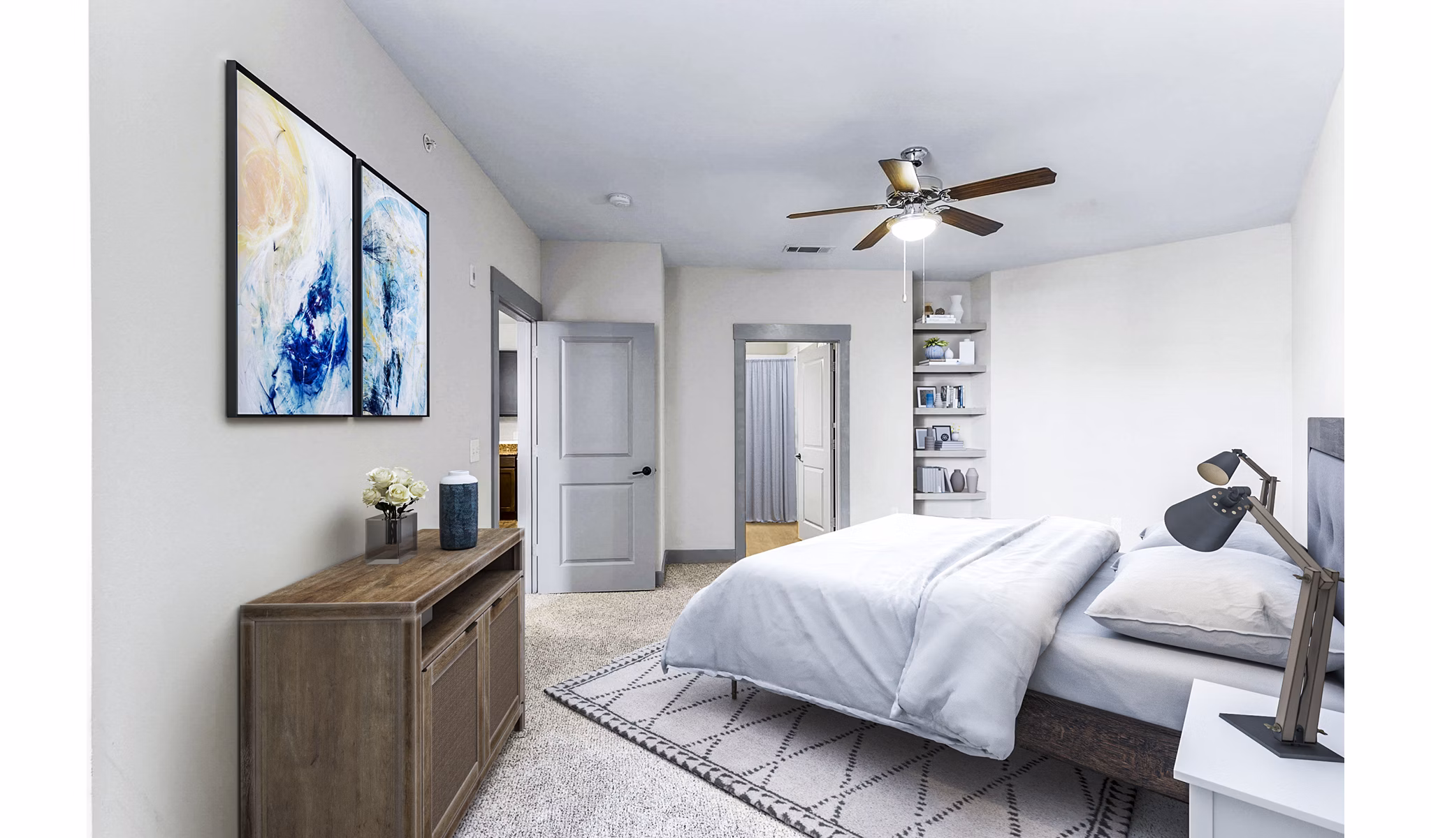 Cozy bedroom with modern decor at Landmark on Lovers Apartments
