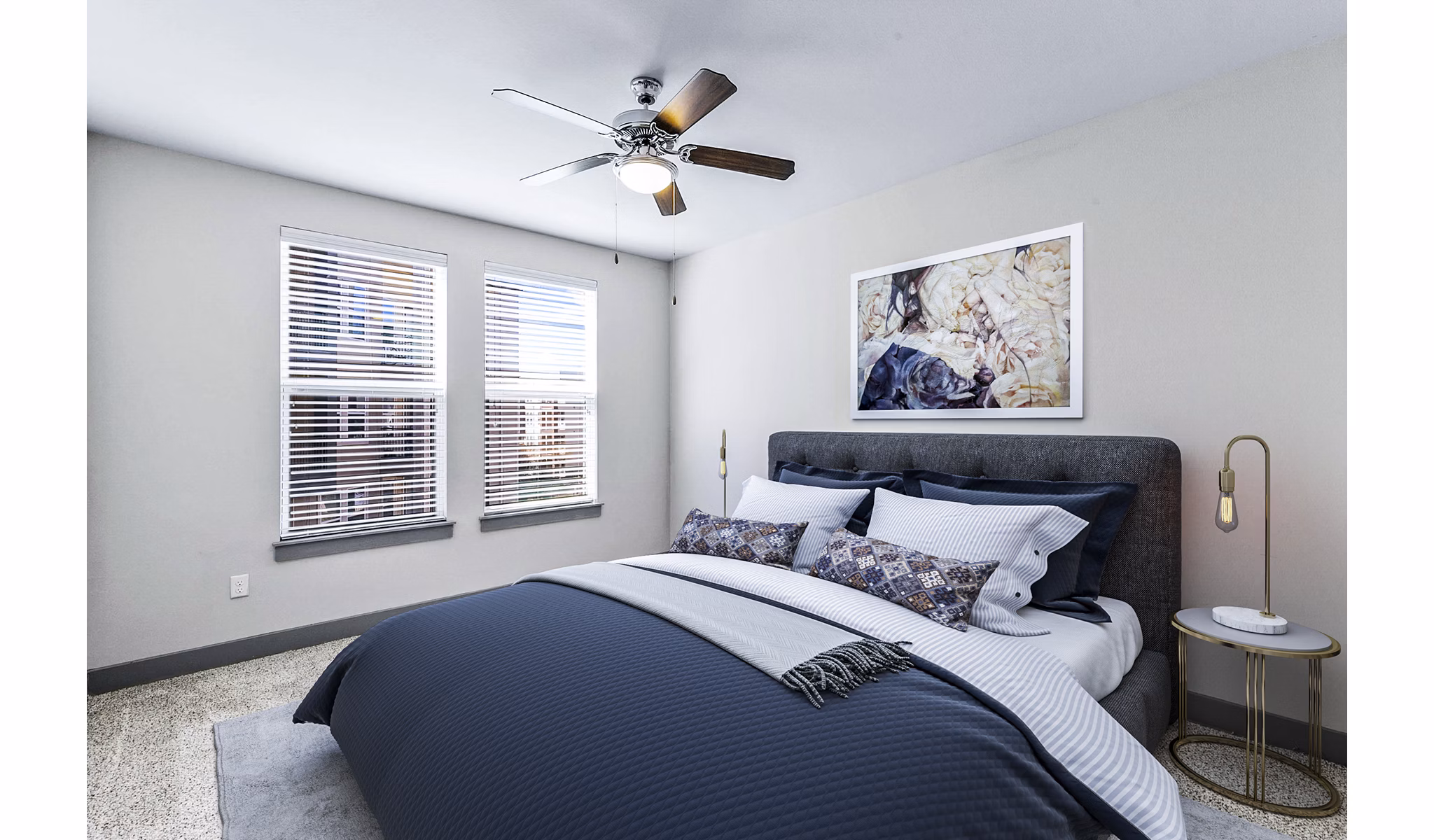 Spacious bedroom with modern decor at Landmark on Lovers Apartments, luxurious living by Greystar near the heart of the city