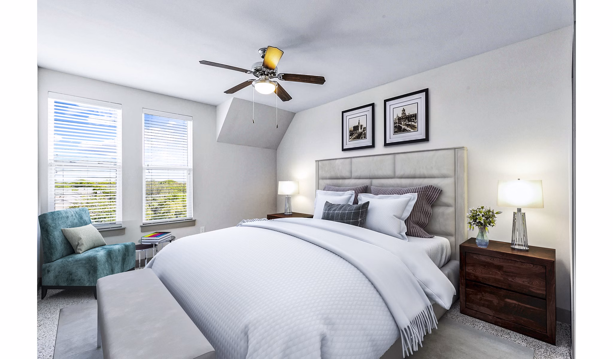 Cozy bedroom with modern decor at Landmark on Lovers Apartments