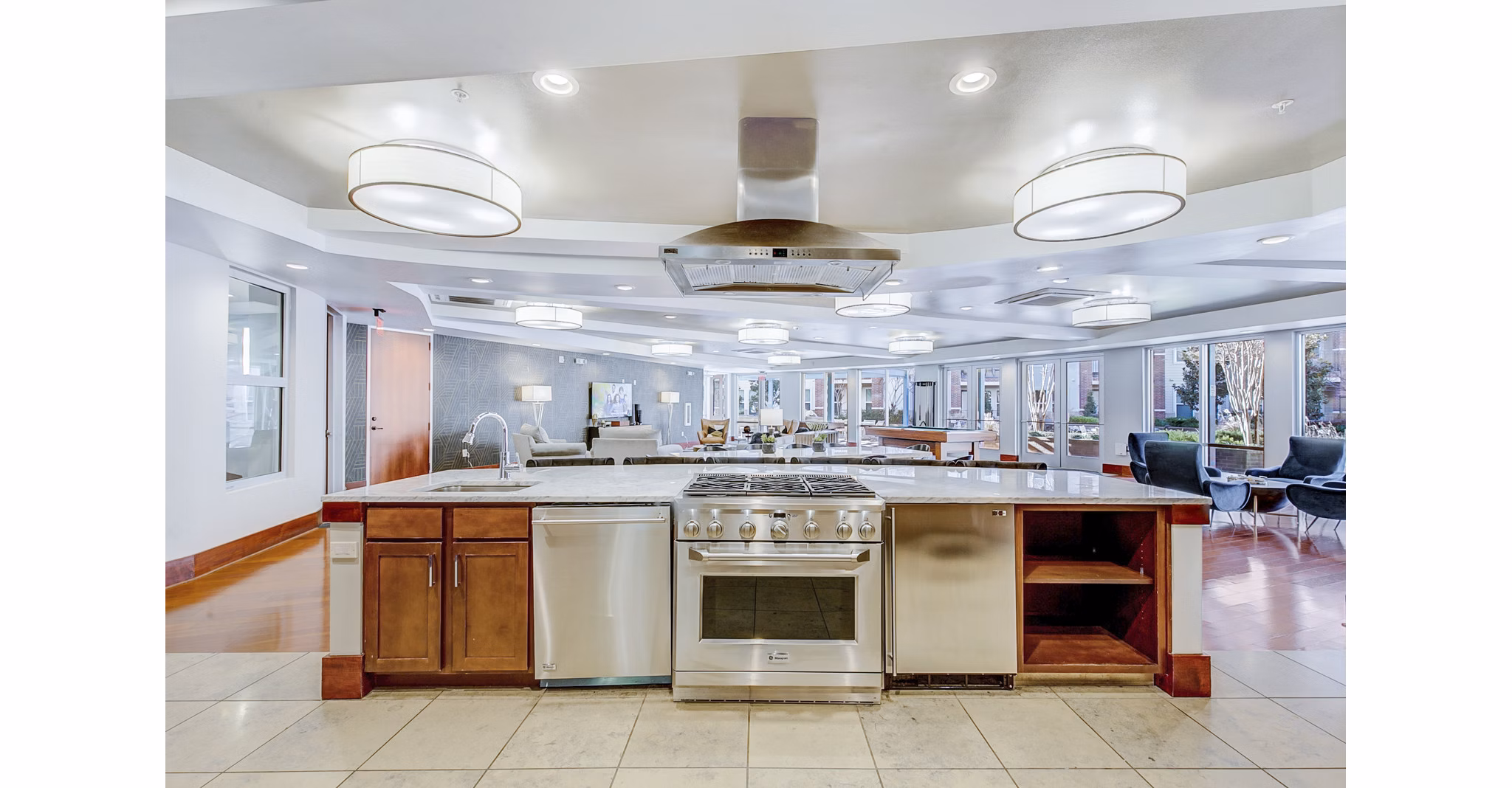 Elegant clubhouse with modern decor at Landmark on Lovers Apartments, perfect for gatherings and relaxation