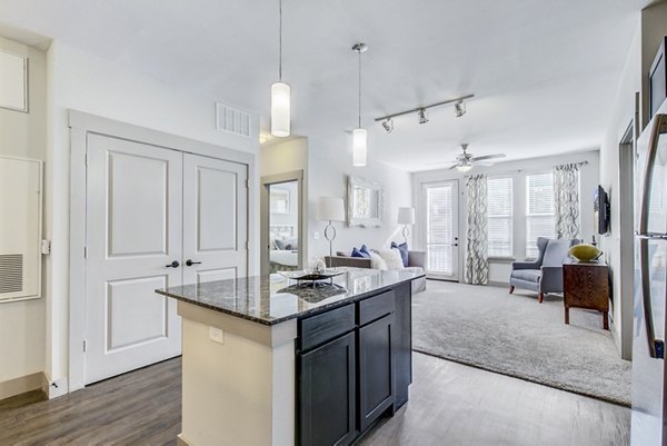 Modern kitchen featuring stainless steel appliances and granite countertops at Landmark on Lovers Apartments in Dallas