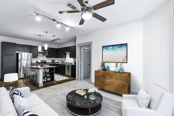 Modern living room with sleek furnishings at Landmark on Lovers Apartments, featuring luxury design elements perfect for urban lifestyles