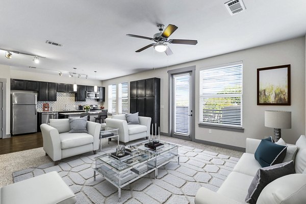Spacious living room with designer furnishings in Landmark on Lovers Apartments