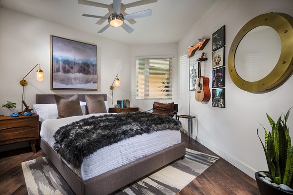 Modern bedroom with sleek design at The Hudson Apartments