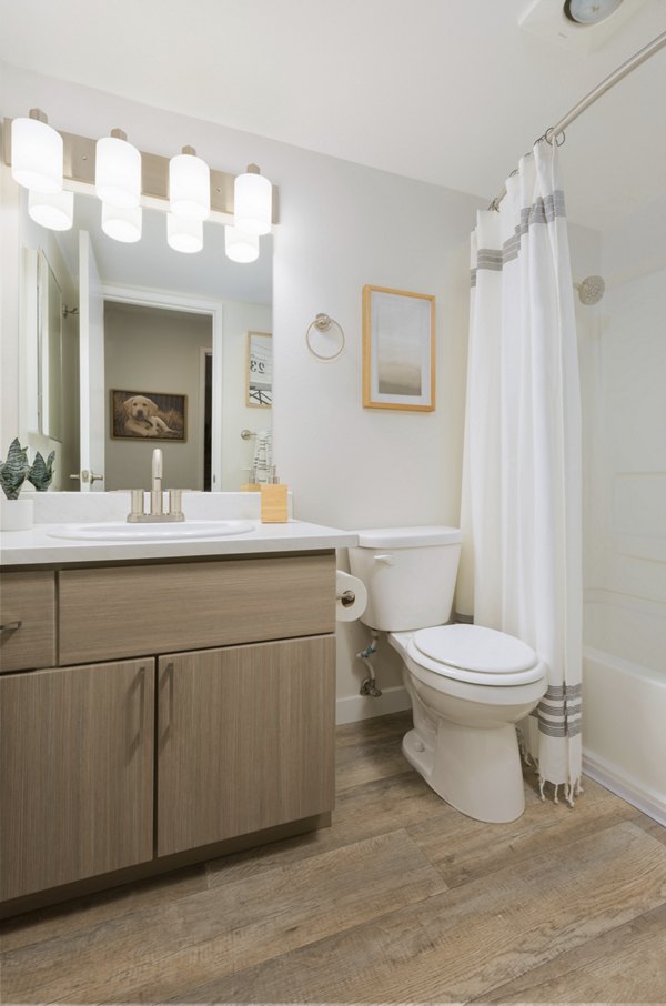 Bathroom with sleek fixtures and modern design at Brookside 112 Apartments, highlighting luxurious living in a Greystar community