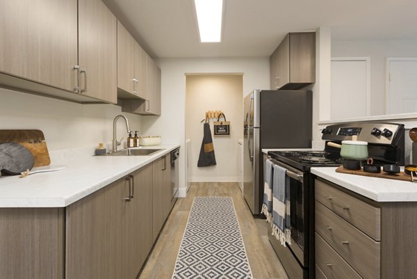 Modern kitchen with stainless steel appliances in Brookside 112 Apartments