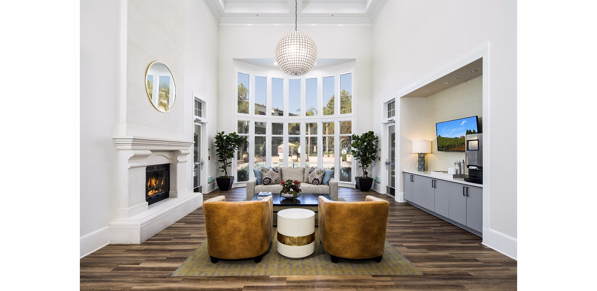 Clubhouse featuring elegant lounge and modern decor at Amerige Pointe Apartments in Fullerton