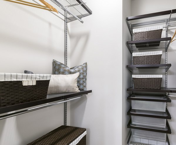 Walk-in closet with ample shelving in Overture Fair Ridge Apartments