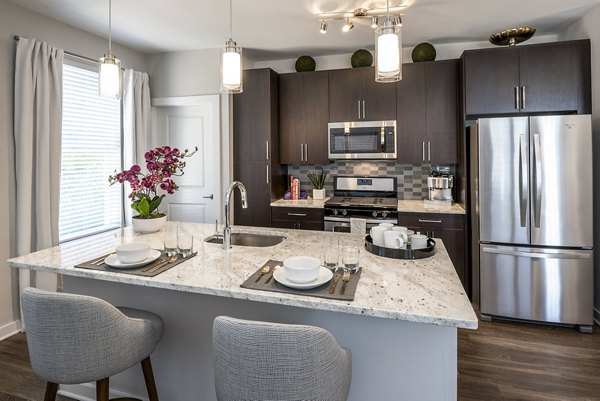 Modern kitchen with sleek countertops and stainless steel appliances at Overture Fair Ridge Apartments