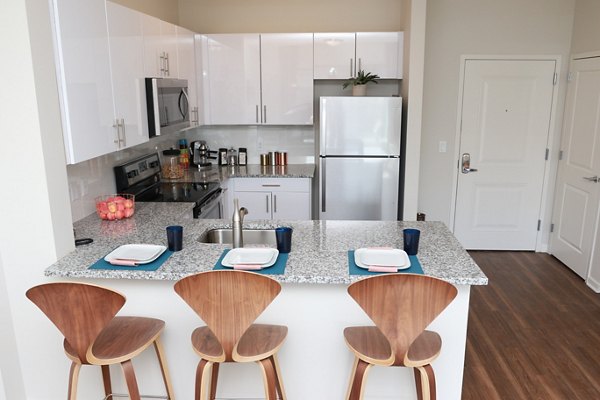 Modern kitchen with stainless steel appliances at 3 Journal Square Apartments Luxury apartment interior space in Jersey City