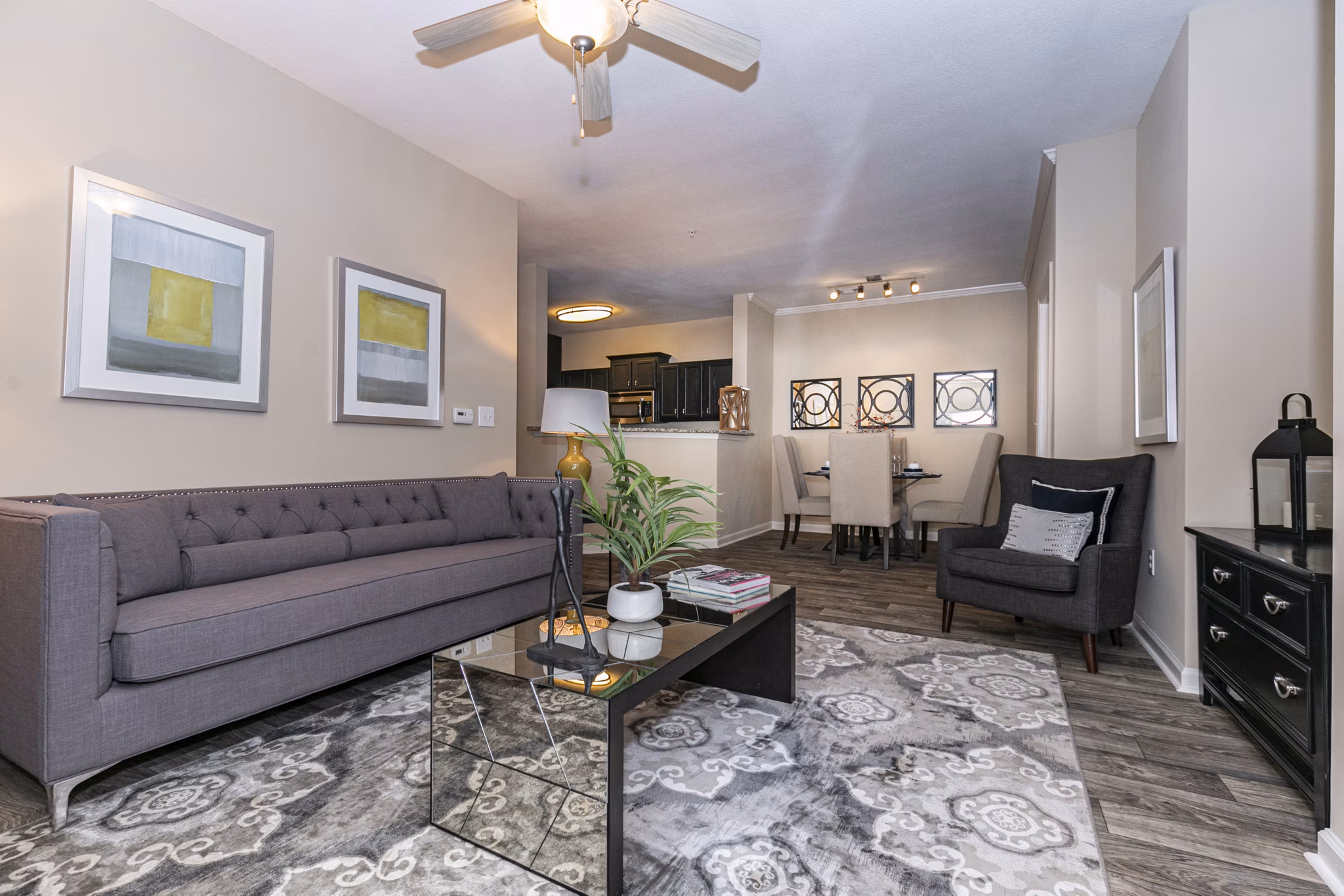 Spacious living room with modern decor in Andover at Johns Creek Apartments
