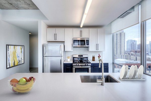 Modern kitchen with stainless steel appliances at 1401 S State Apartments, a Greystar luxury property