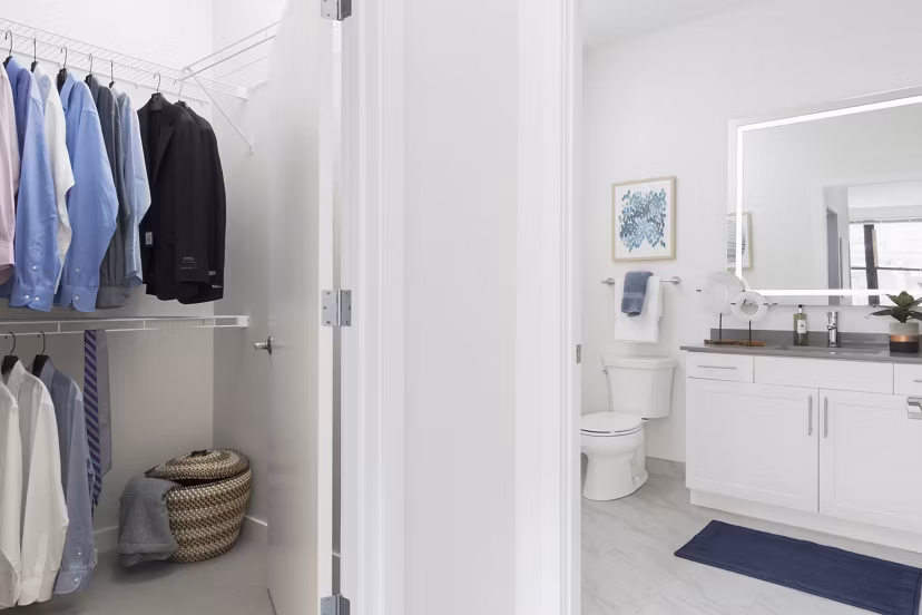 bedroom closet and bathroom at Montaje Apartments