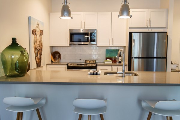 Modern kitchen featuring stainless steel appliances and quartz countertops at Montaje Apartments, a premier luxury residence