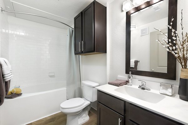 Modern bathroom with sleek fixtures at West Koenig Flats Apartments in Austin
